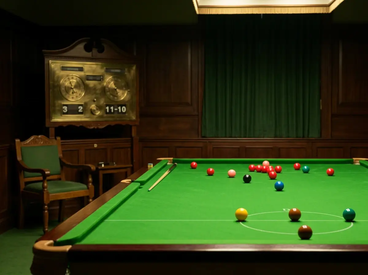 Partido profesional de snooker con marcador de frames visible junto a la mesa durante un encuentro oficial