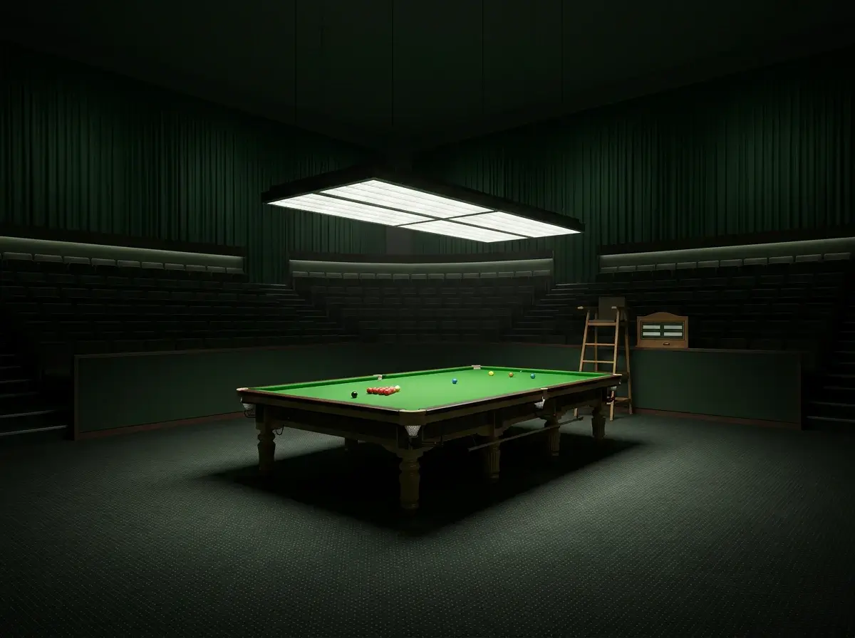 Vista general de una sala de snooker profesional con mesa central iluminada bajo focos cenitales