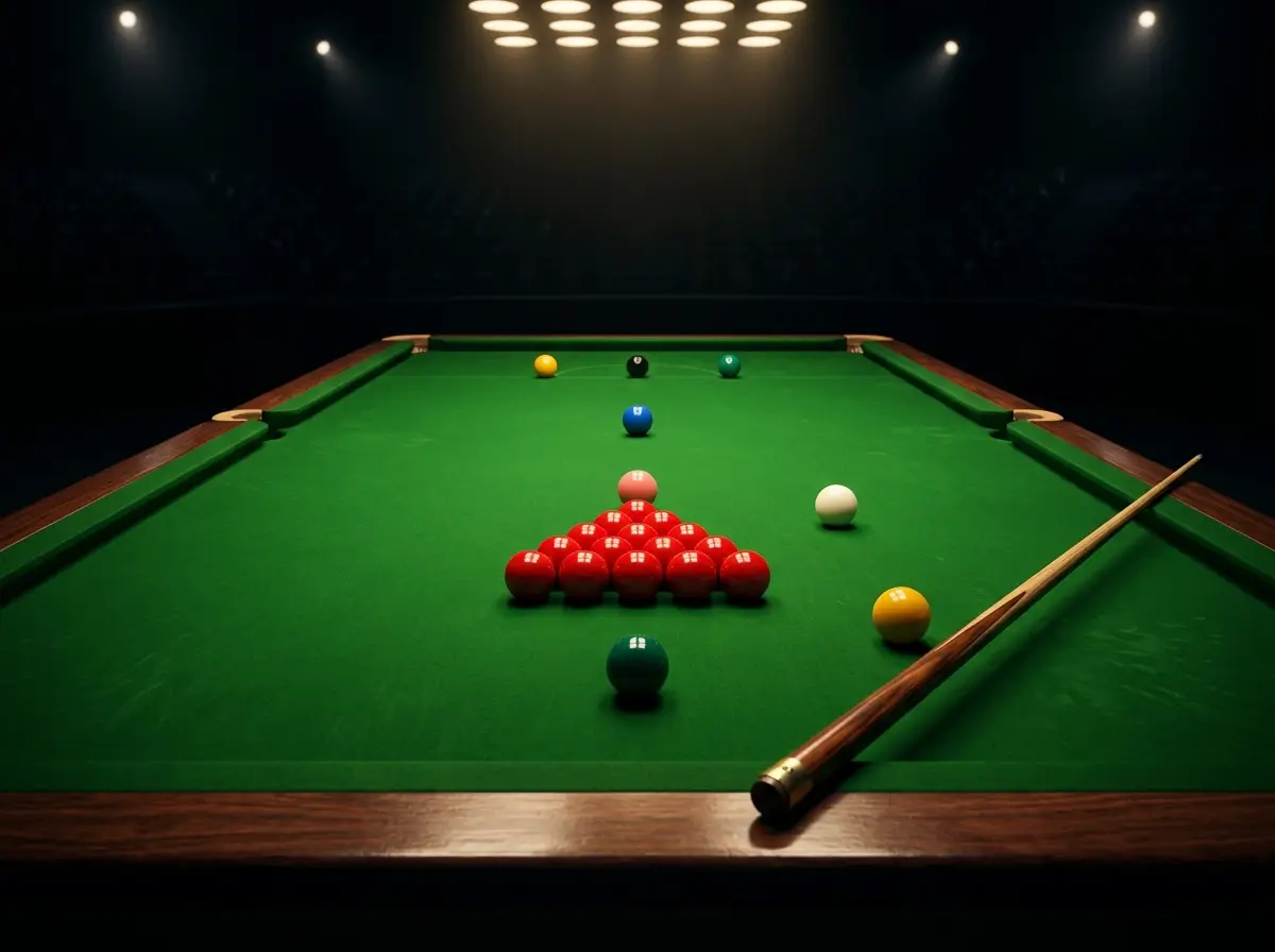 Mesa profesional de snooker iluminada durante un partido del World Snooker Tour