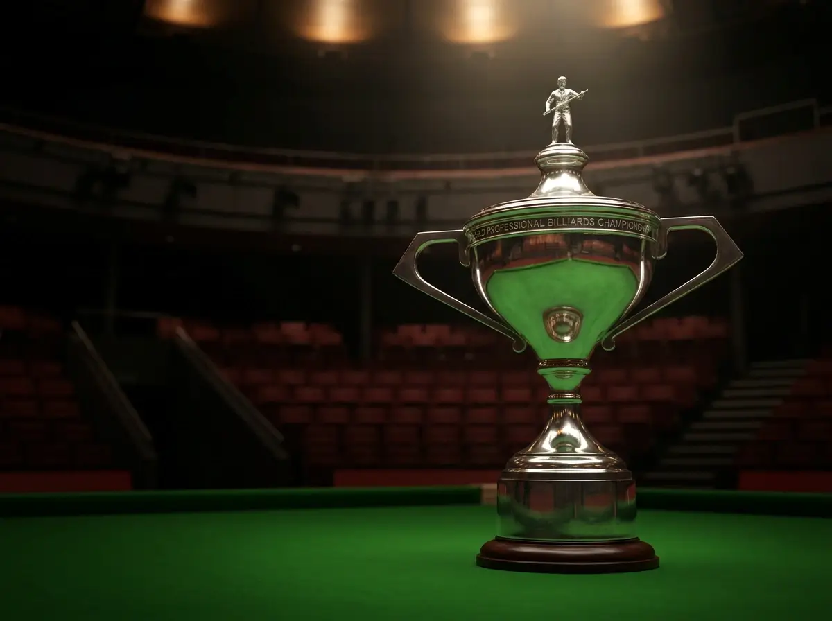 Trofeo del Campeonato Mundial de snooker sobre la mesa del Crucible Theatre bajo las luces del escenario